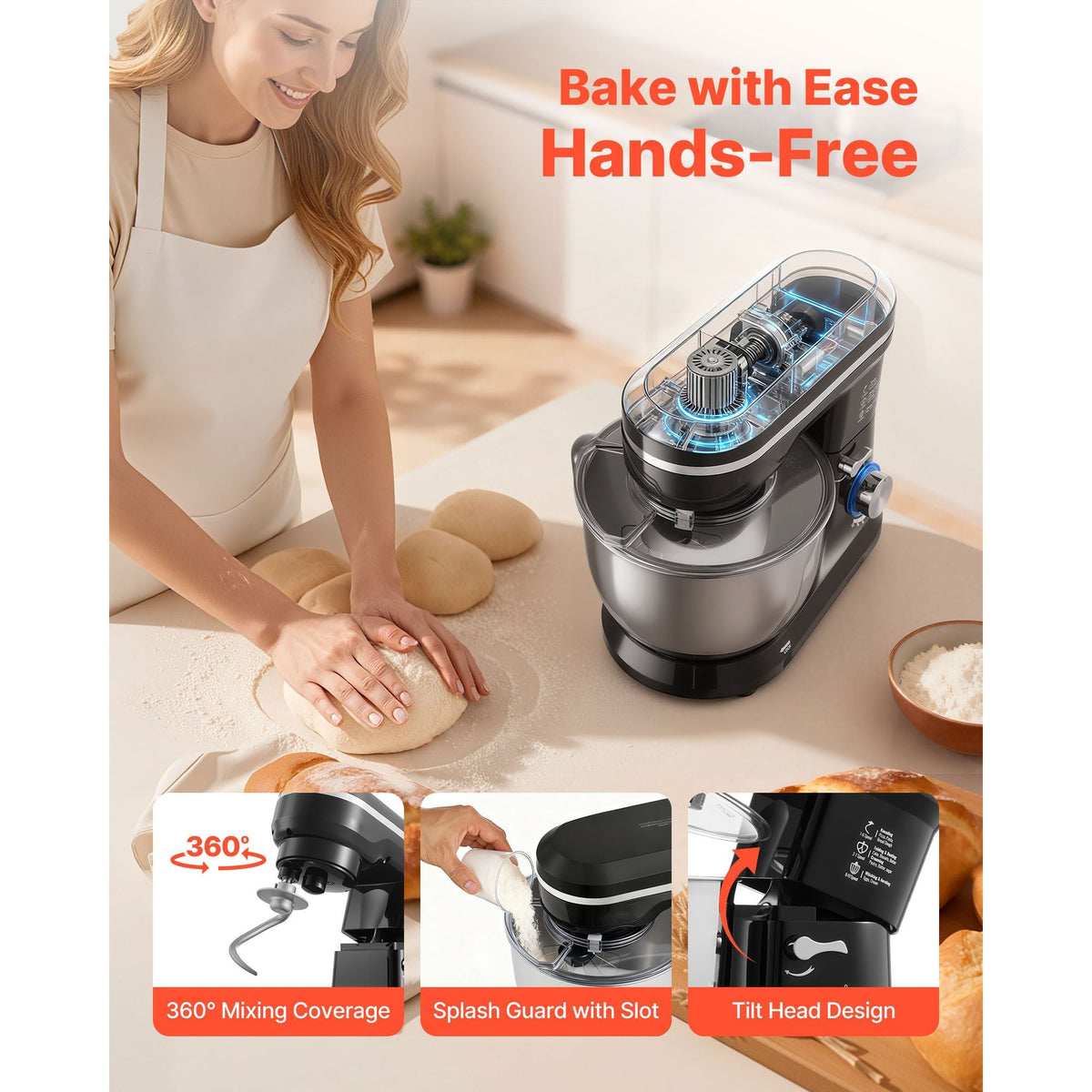Stand Mixer, 5QT Dough Mixer, 10+P Speeds Tilt-head Food Mixer, Kitchen Mixer with Stainless Steel Bowl, Dough Hook, Wire Whip, Beater, Scraper, Household Stand Mixer for Baking Mixing, Black