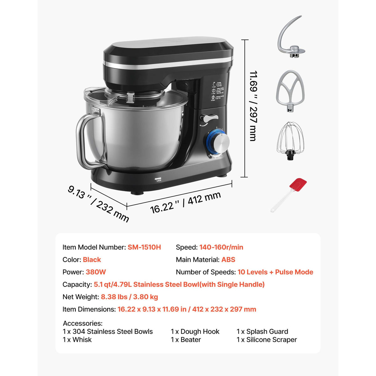 Stand Mixer, 5QT Dough Mixer, 10+P Speeds Tilt-head Food Mixer, Kitchen Mixer with Stainless Steel Bowl, Dough Hook, Wire Whip, Beater, Scraper, Household Stand Mixer for Baking Mixing, Black