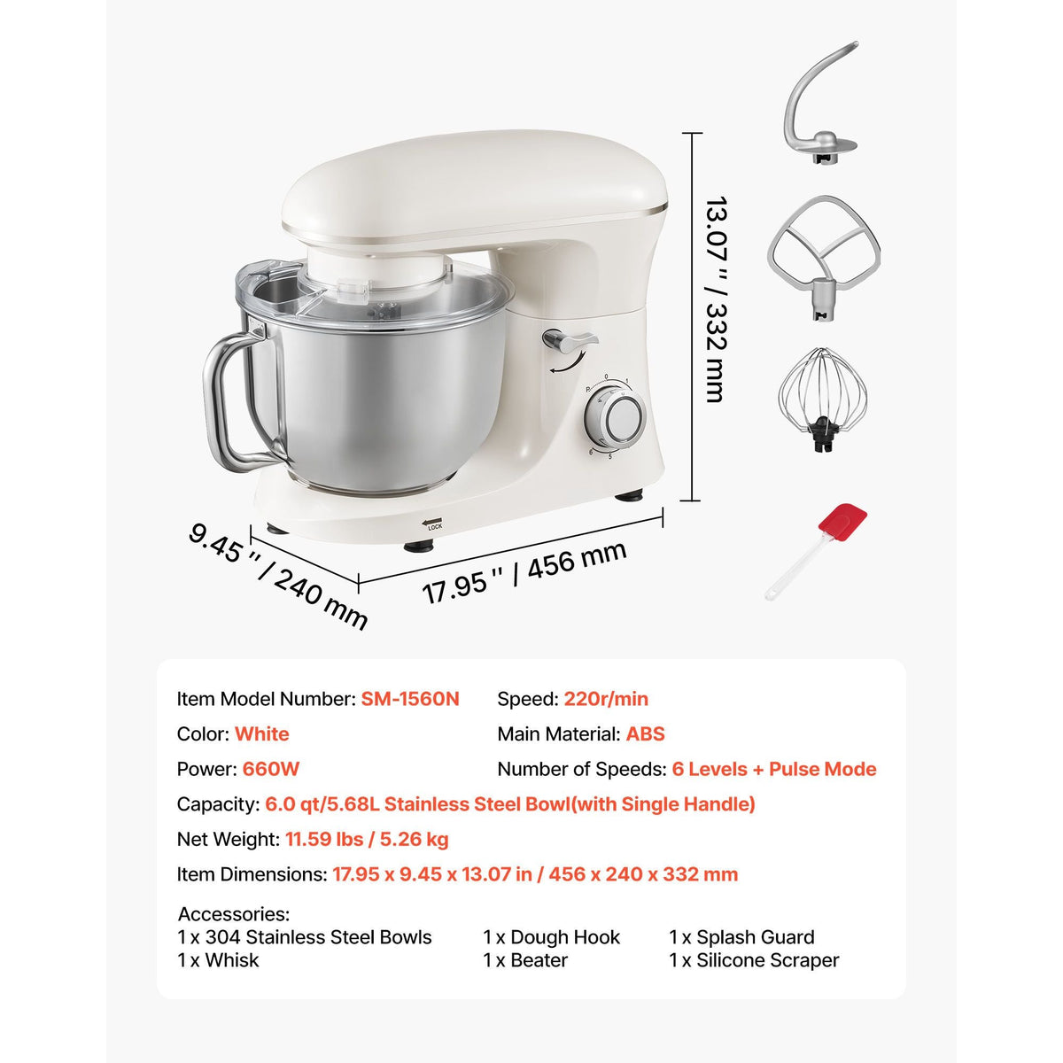 Stand Mixer, 6 QT Dough Mixer, 660W 6 + P Speeds Tilt-head Food Mixer with Stainless Steel Bowl, Dough Hook, Wire Whip, Flat Beater, Scraper, Household Stand Mixer for Baking & Mixing, White