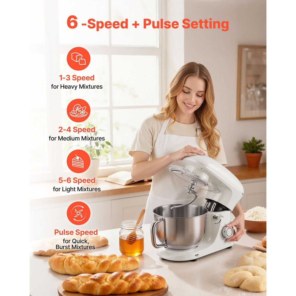 Stand Mixer, 6 QT Dough Mixer, 660W 6 + P Speeds Tilt-head Food Mixer with Stainless Steel Bowl, Dough Hook, Wire Whip, Flat Beater, Scraper, Household Stand Mixer for Baking & Mixing, White