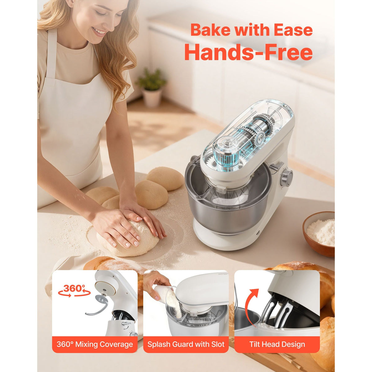 Stand Mixer, 6 QT Dough Mixer, 660W 6 + P Speeds Tilt-head Food Mixer with Stainless Steel Bowl, Dough Hook, Wire Whip, Flat Beater, Scraper, Household Stand Mixer for Baking & Mixing, White