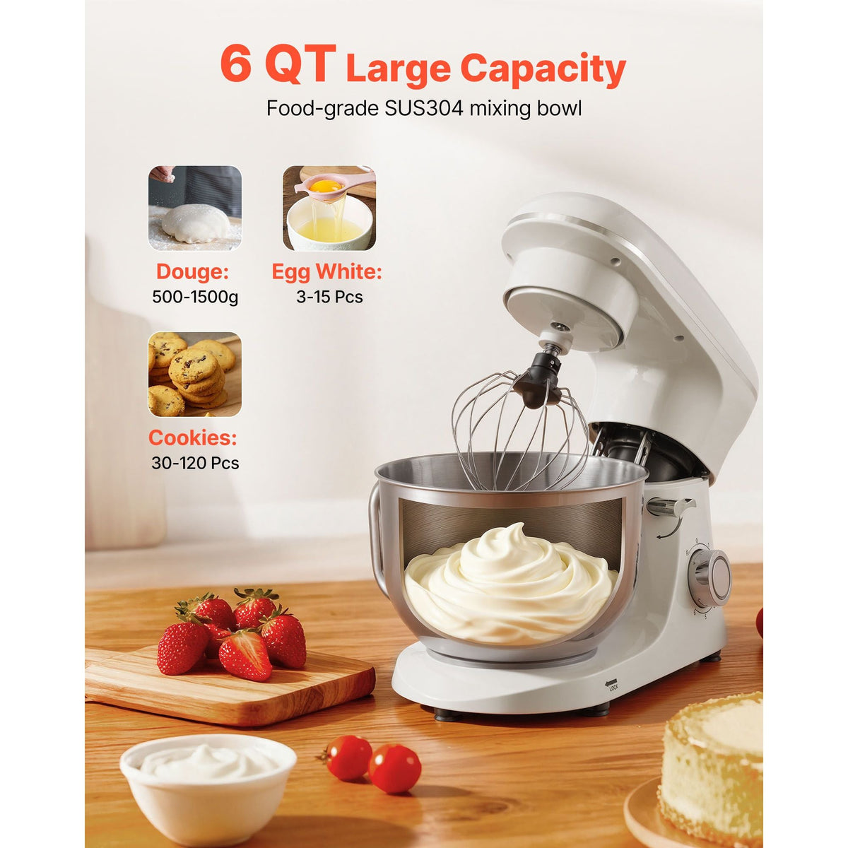 Stand Mixer, 6 QT Dough Mixer, 660W 6 + P Speeds Tilt-head Food Mixer with Stainless Steel Bowl, Dough Hook, Wire Whip, Flat Beater, Scraper, Household Stand Mixer for Baking & Mixing, White