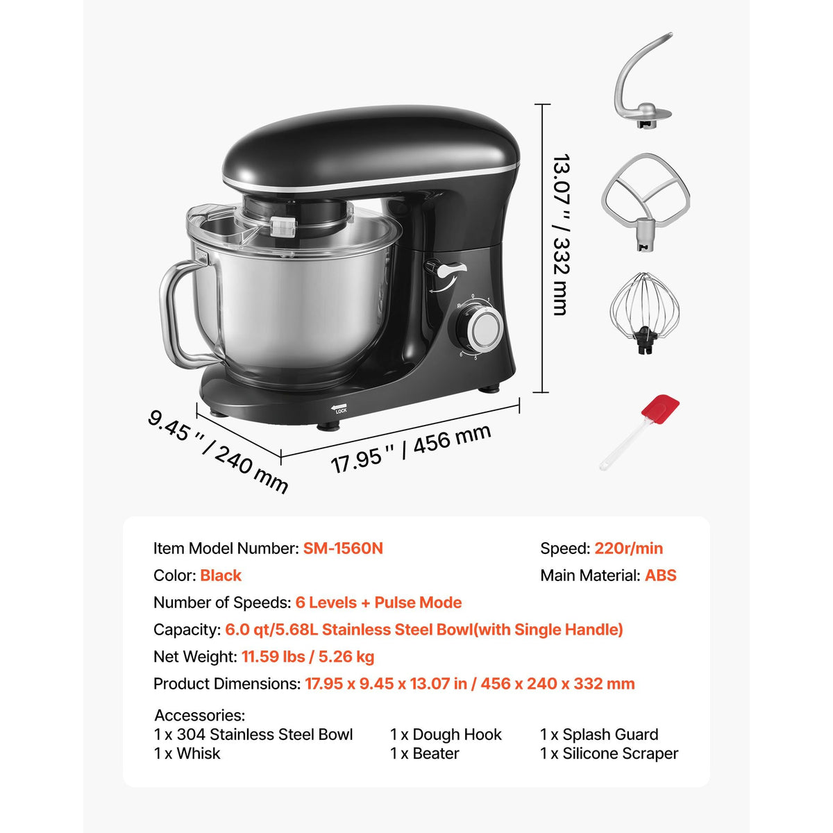 Stand Mixer, 6 QT Dough Mixer, 660W 6 + P Speeds Tilt-head Food Mixer with Stainless Steel Bowl, Dough Hook, Wire Whip, Flat Beater, Scraper,Household Stand Mixer for Baking & Mixing, Black