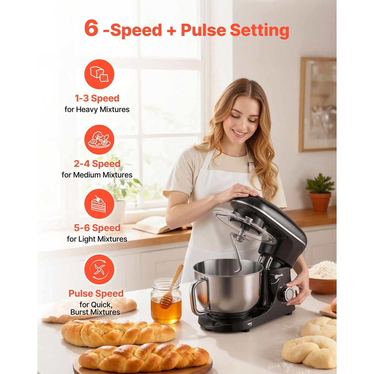 Stand Mixer, 6 QT Dough Mixer, 660W 6 + P Speeds Tilt-head Food Mixer with Stainless Steel Bowl, Dough Hook, Wire Whip, Flat Beater, Scraper,Household Stand Mixer for Baking & Mixing, Black