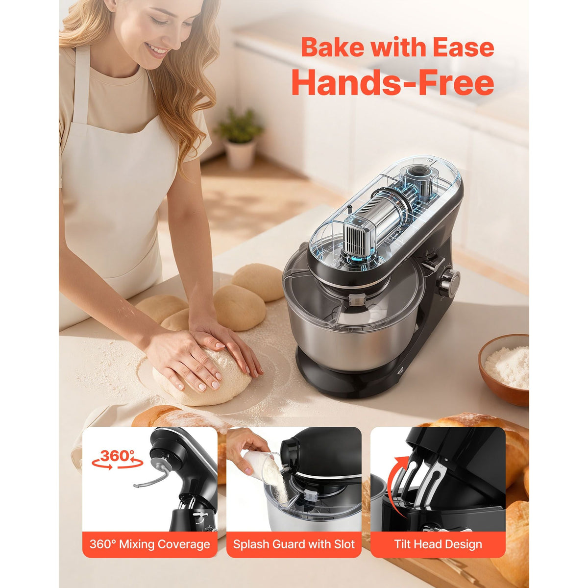 Stand Mixer, 6 QT Dough Mixer, 660W 6 + P Speeds Tilt-head Food Mixer with Stainless Steel Bowl, Dough Hook, Wire Whip, Flat Beater, Scraper,Household Stand Mixer for Baking & Mixing, Black