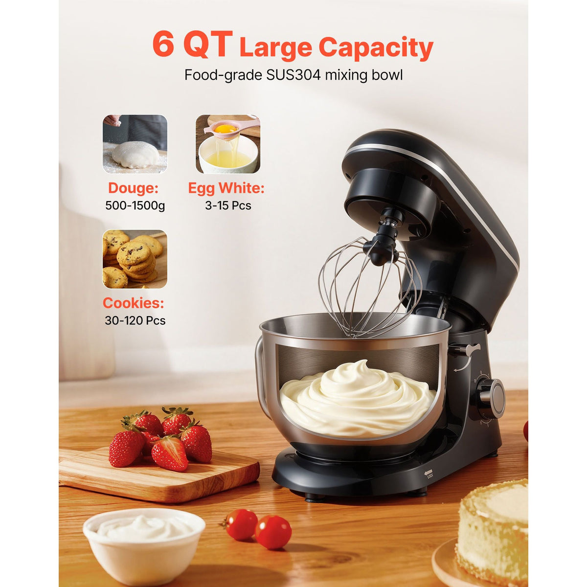 Stand Mixer, 6 QT Dough Mixer, 660W 6 + P Speeds Tilt-head Food Mixer with Stainless Steel Bowl, Dough Hook, Wire Whip, Flat Beater, Scraper,Household Stand Mixer for Baking & Mixing, Black