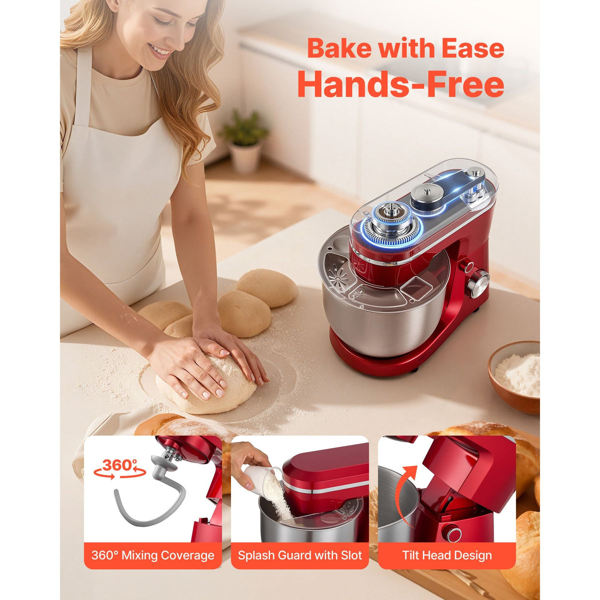 Stand Mixer, 6 QT Electric Kitchen Mixer, 300W Dough-Mixer, 10 Speeds Tilt-head Food-Mixer with Stainless Steel Bowl, Dough Hook, Whisk, Beater, for Baking, Mixing, Whipping & Kneading, Red
