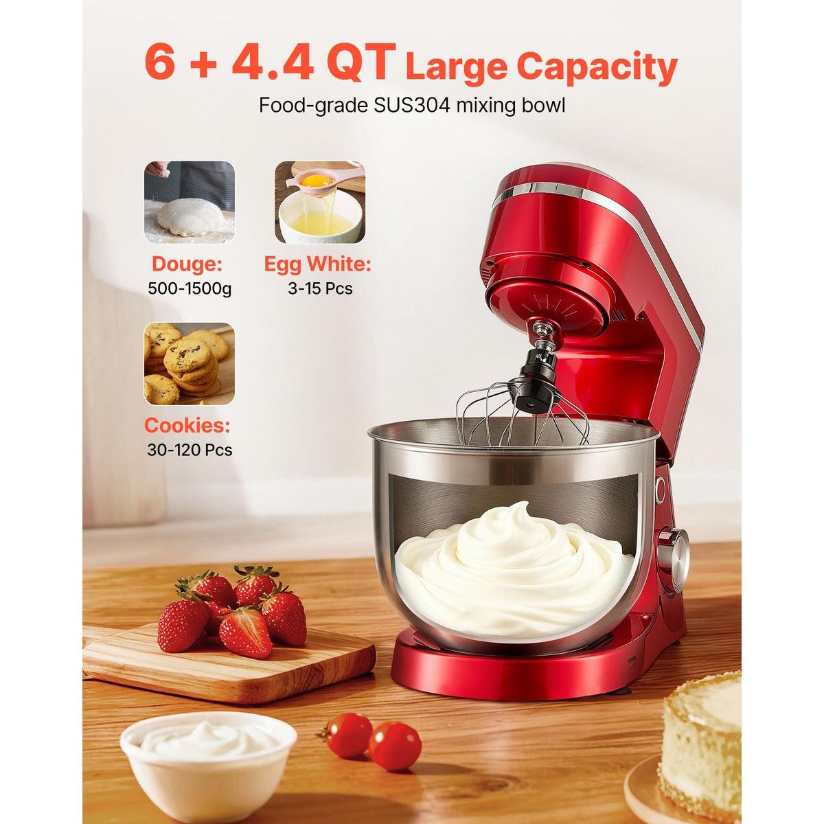 Stand Mixer, 6 QT Electric Kitchen Mixer, 300W Dough-Mixer, 10 Speeds Tilt-head Food-Mixer with Stainless Steel Bowl, Dough Hook, Whisk, Beater, for Baking, Mixing, Whipping & Kneading, Red