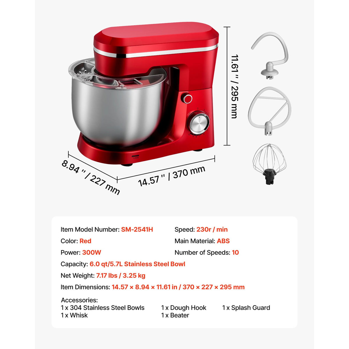 Stand Mixer, 6 QT Electric Kitchen Mixer, 300W Dough-Mixer, 10 Speeds Tilt-head Food-Mixer with Stainless Steel Bowl, Dough Hook, Whisk, Beater, for Baking, Mixing, Whipping & Kneading, Red