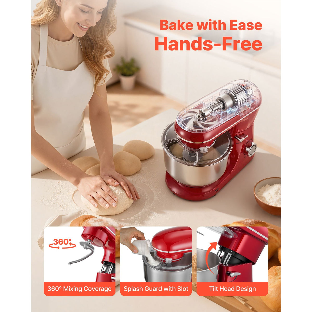 Stand Mixer, 6 QT Electric Kitchen Mixer, 660W Dough-Mixer, 6 + Pulse Speeds Tilt-head Food-Mixer with Stainless Steel Bowl, Dough Hook, Whisk, Beater, for Baking, Mixing, Whipping & Kneading