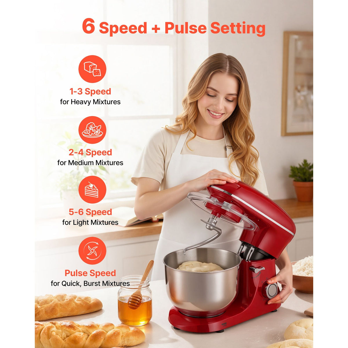 Stand Mixer, 6 QT Electric Kitchen Mixer, 660W Dough-Mixer, 6 + Pulse Speeds Tilt-head Food-Mixer with Stainless Steel Bowl, Dough Hook, Whisk, Beater, for Baking, Mixing, Whipping & Kneading