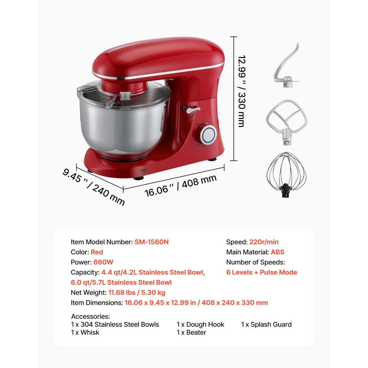 Stand Mixer, 6 QT Electric Kitchen Mixer, 660W Dough-Mixer, 6 + Pulse Speeds Tilt-head Food-Mixer with Stainless Steel Bowl, Dough Hook, Whisk, Beater, for Baking, Mixing, Whipping & Kneading