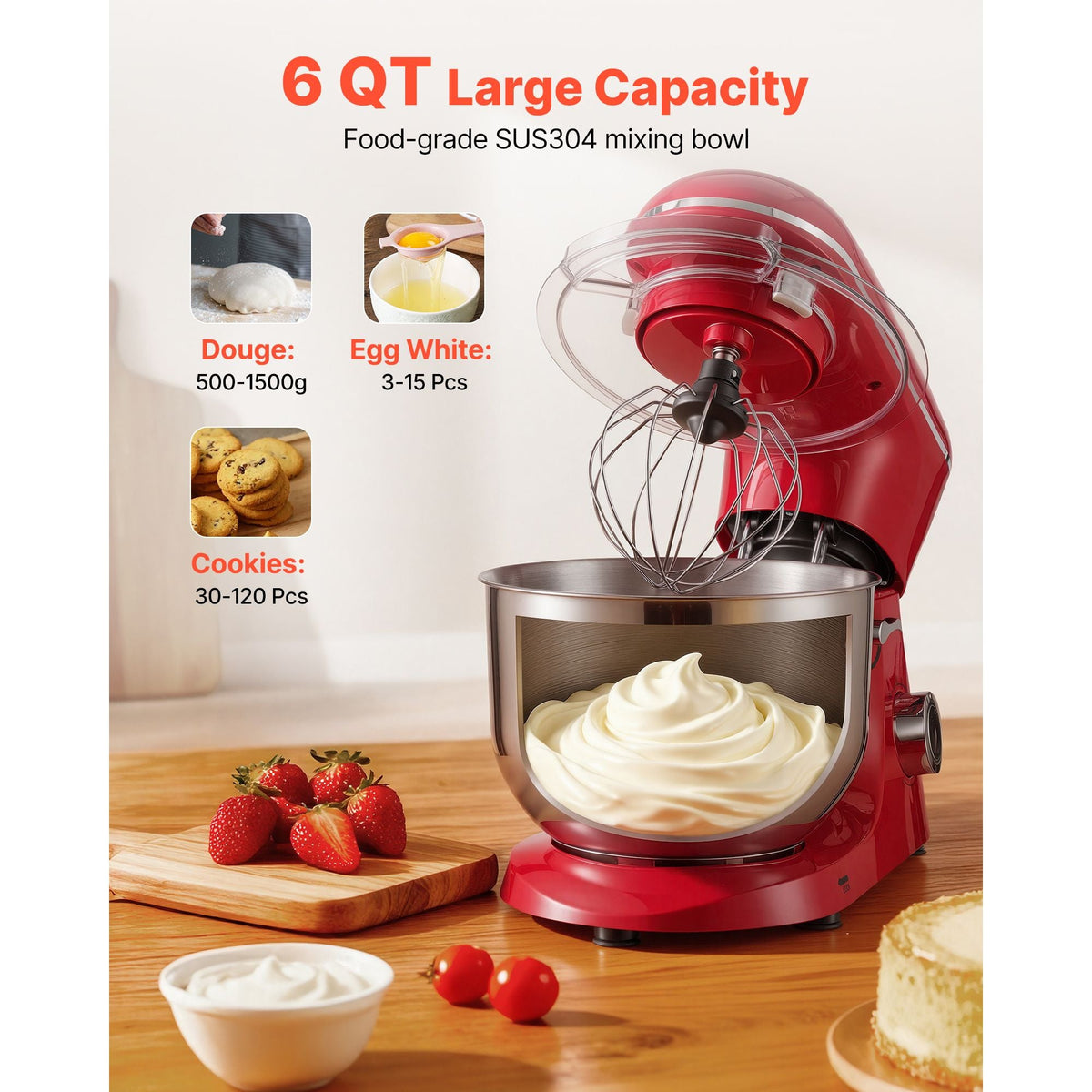 Stand Mixer, 6 QT Electric Kitchen Mixer, 660W Dough-Mixer, 6 + Pulse Speeds Tilt-head Food-Mixer with Stainless Steel Bowl, Dough Hook, Whisk, Beater, for Baking, Mixing, Whipping & Kneading
