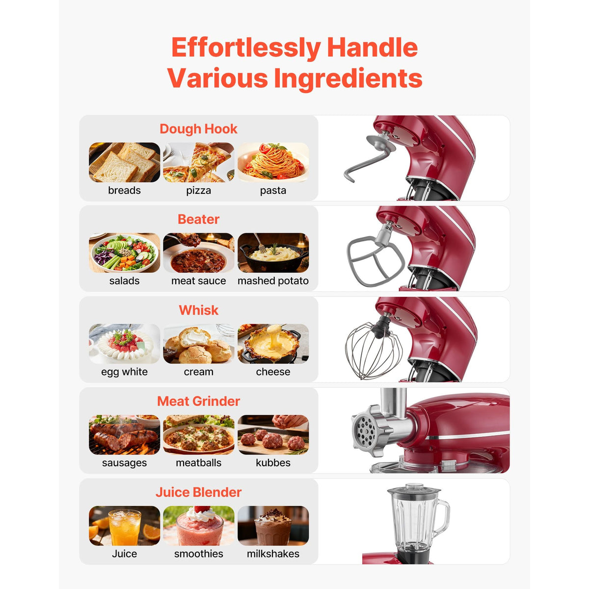 Stand Mixer, 6 QT Electric Kitchen Mixer, 660W Dough-Mixer, 6+P Speeds Tilt-head Food-Mixer with 1.6 QT Blender Cup, Stainless Steel Bowl, Dough Hook, Whisk, Beater, for Baking, Mixing, Red