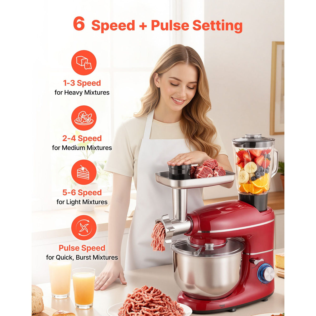 Stand Mixer, 6 QT Electric Kitchen Mixer, 660W Dough-Mixer, 6+P Speeds Tilt-head Food-Mixer with 1.6 QT Blender Cup, Stainless Steel Bowl, Dough Hook, Whisk, Beater, for Baking, Mixing, Red
