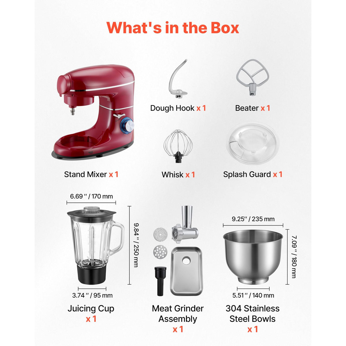 Stand Mixer, 6 QT Electric Kitchen Mixer, 660W Dough-Mixer, 6+P Speeds Tilt-head Food-Mixer with 1.6 QT Blender Cup, Stainless Steel Bowl, Dough Hook, Whisk, Beater, for Baking, Mixing, Red