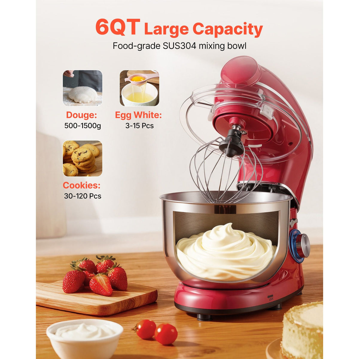 Stand Mixer, 6 QT Electric Kitchen Mixer, 660W Dough-Mixer, 6+P Speeds Tilt-head Food-Mixer with 1.6 QT Blender Cup, Stainless Steel Bowl, Dough Hook, Whisk, Beater, for Baking, Mixing, Red