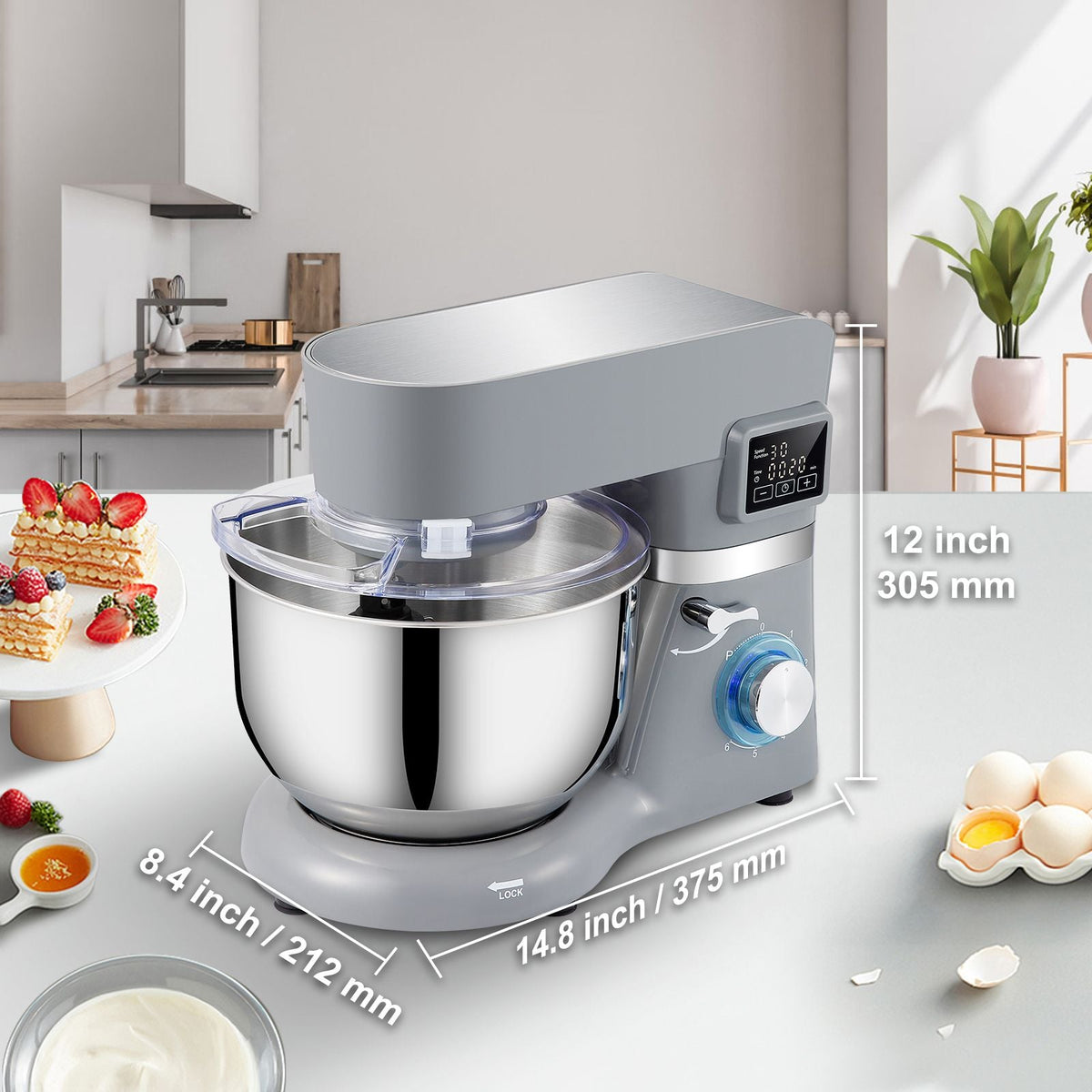 Stand Mixer, 660W Electric Dough Mixer with 6 Speeds LCD Screen Timing, Tilt-Head Food Mixer with 5.8 Qt Stainless Steel Bowl, Dough Hook, Flat Beater, Whisk, Scraper, Splash-Proof Cover - Gray