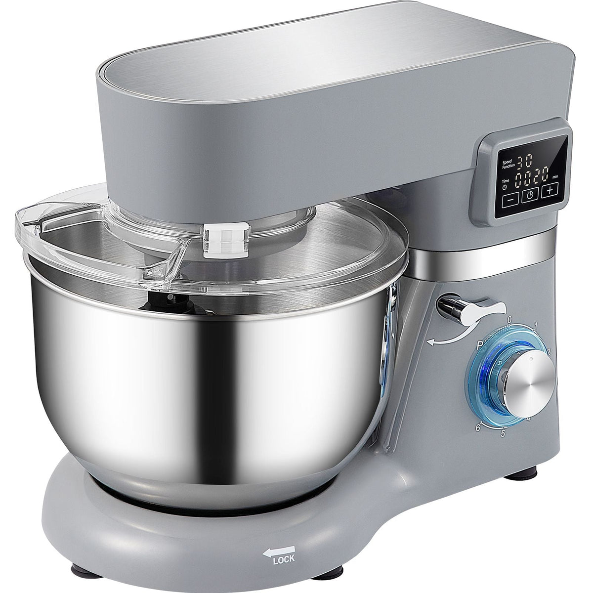 Stand Mixer, 660W Electric Dough Mixer with 6 Speeds LCD Screen Timing, Tilt-Head Food Mixer with 5.8 Qt Stainless Steel Bowl, Dough Hook, Flat Beater, Whisk, Scraper, Splash-Proof Cover - Gray