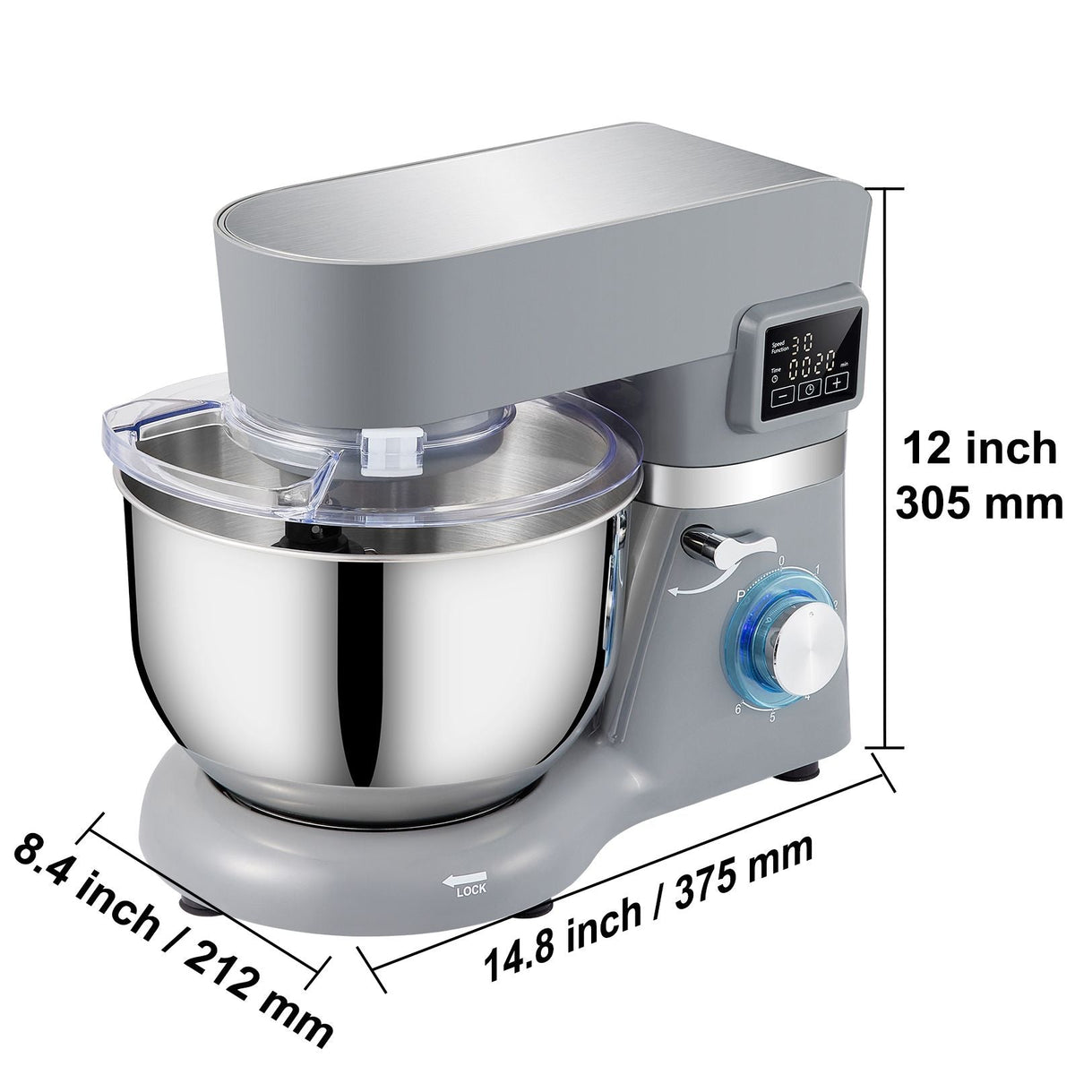 Stand Mixer, 660W Electric Dough Mixer with 6 Speeds LCD Screen Timing, Tilt-Head Food Mixer with 5.8 Qt Stainless Steel Bowl, Dough Hook, Flat Beater, Whisk, Scraper, Splash-Proof Cover - Gray