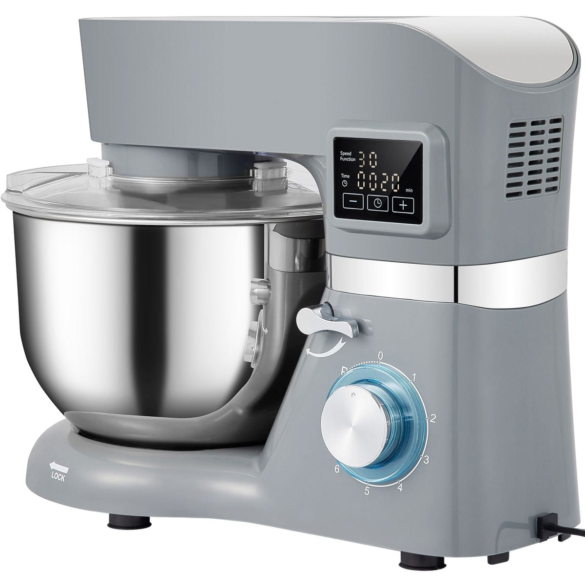 Stand Mixer, 660W Electric Dough Mixer with 6 Speeds LCD Screen Timing, Tilt-Head Food Mixer with 5.8 Qt Stainless Steel Bowl, Dough Hook, Flat Beater, Whisk, Scraper, Splash-Proof Cover - Gray