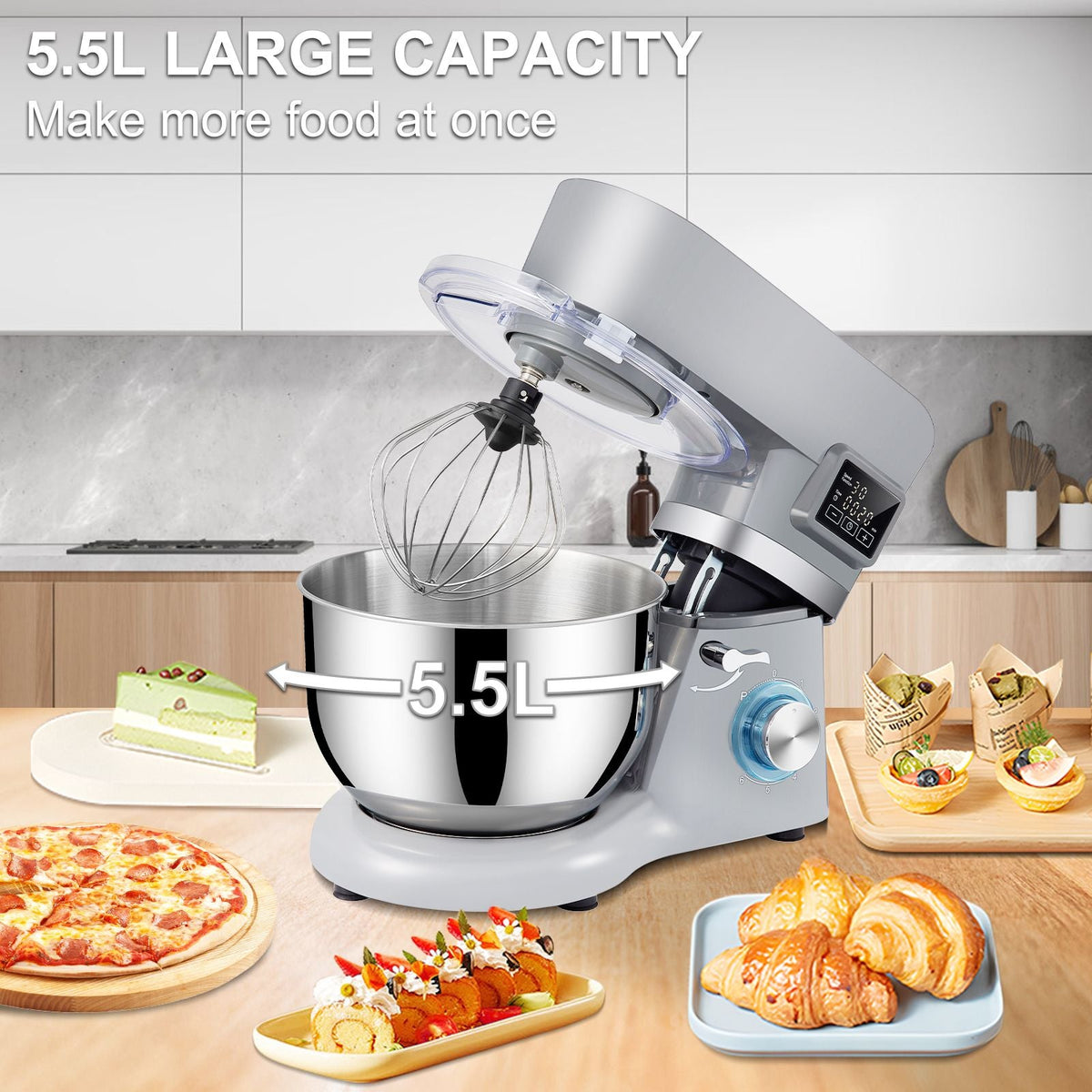 Stand Mixer, 660W Electric Dough Mixer with 6 Speeds LCD Screen Timing, Tilt-Head Food Mixer with 5.8 Qt Stainless Steel Bowl, Dough Hook, Flat Beater, Whisk, Scraper, Splash-Proof Cover - Gray