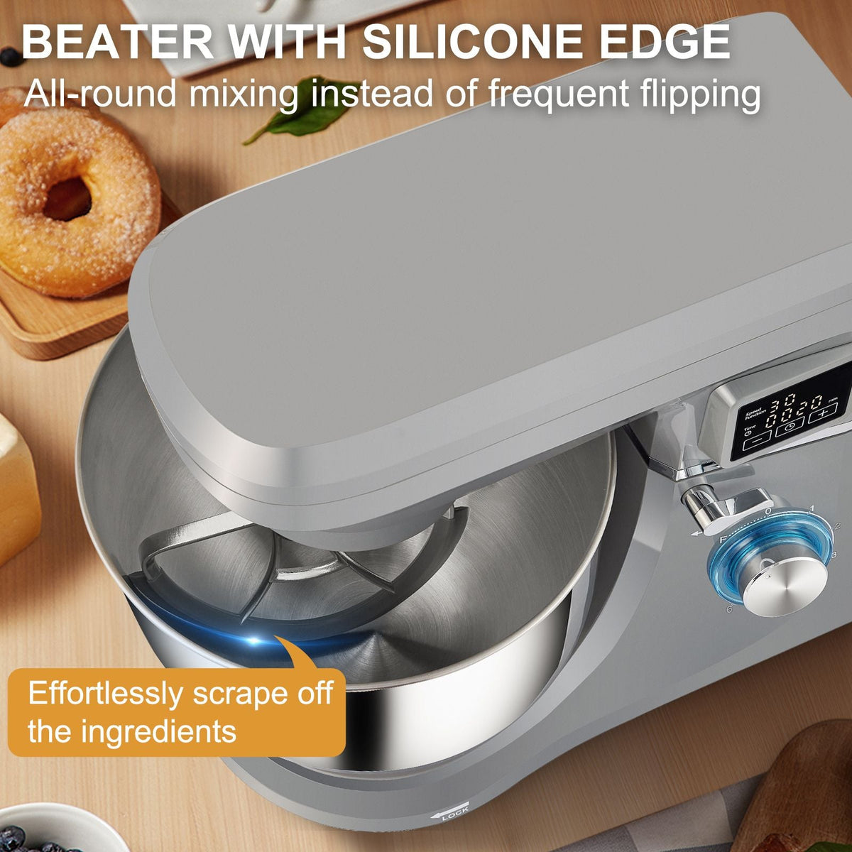 Stand Mixer, 660W Electric Dough Mixer with 6 Speeds LCD Screen Timing, Tilt-Head Food Mixer with 7.4 Qt Stainless Steel Bowl, Dough Hook, Flat Beater, Whisk, Scraper, Splash-Proof Cover - Gray