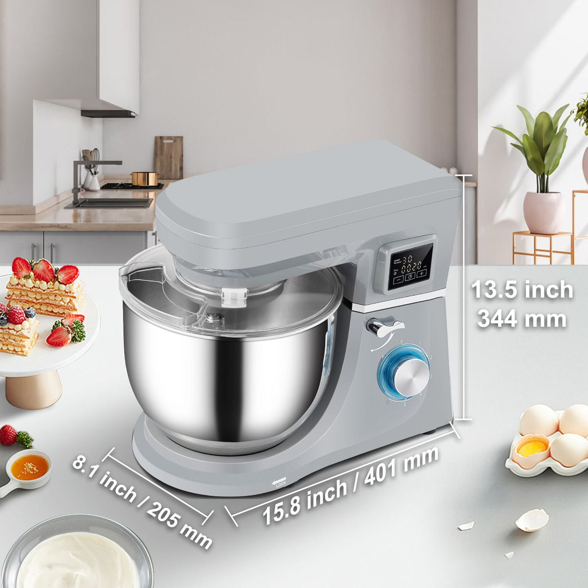 Stand Mixer, 660W Electric Dough Mixer with 6 Speeds LCD Screen Timing, Tilt-Head Food Mixer with 7.4 Qt Stainless Steel Bowl, Dough Hook, Flat Beater, Whisk, Scraper, Splash-Proof Cover - Gray