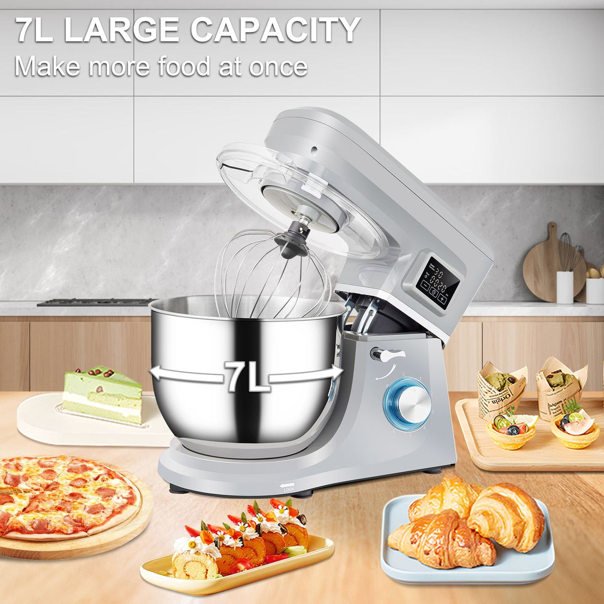 Stand Mixer, 660W Electric Dough Mixer with 6 Speeds LCD Screen Timing, Tilt-Head Food Mixer with 7.4 Qt Stainless Steel Bowl, Dough Hook, Flat Beater, Whisk, Scraper, Splash-Proof Cover - Gray