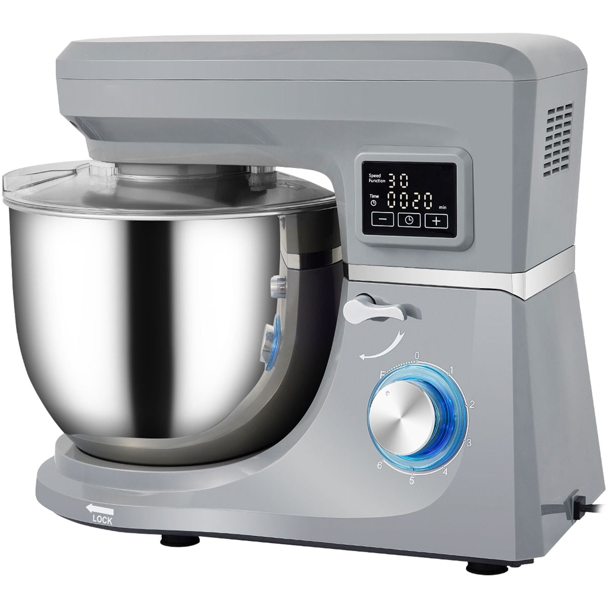 Stand Mixer, 660W Electric Dough Mixer with 6 Speeds LCD Screen Timing, Tilt-Head Food Mixer with 7.4 Qt Stainless Steel Bowl, Dough Hook, Flat Beater, Whisk, Scraper, Splash-Proof Cover - Gray