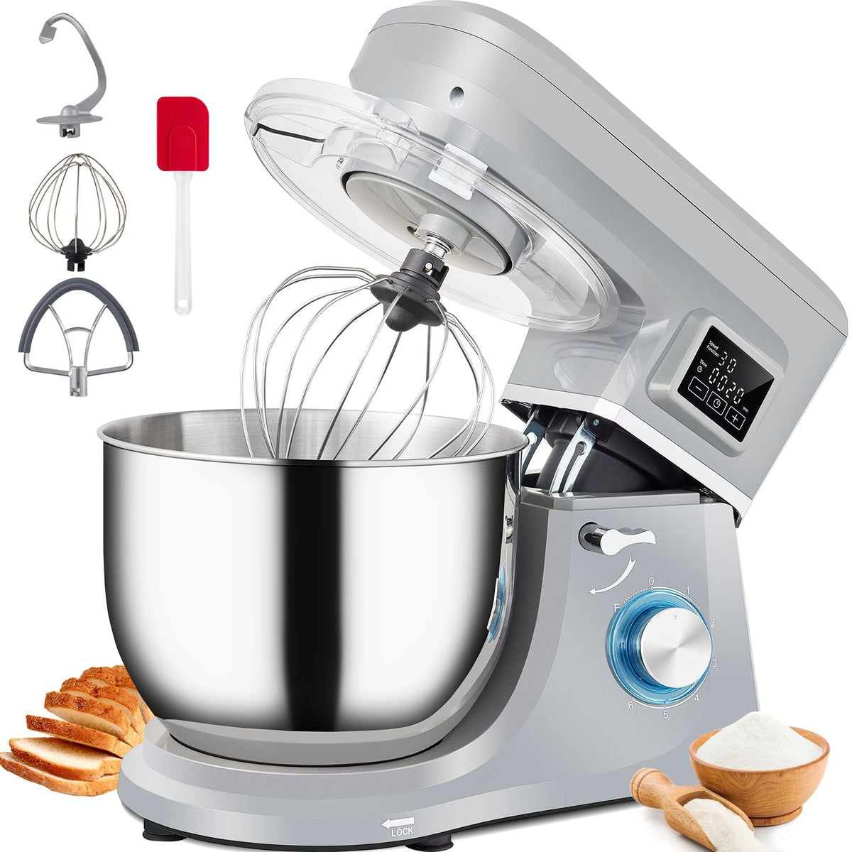 Stand Mixer, 660W Electric Dough Mixer with 6 Speeds LCD Screen Timing, Tilt-Head Food Mixer with 7.4 Qt Stainless Steel Bowl, Dough Hook, Flat Beater, Whisk, Scraper, Splash-Proof Cover - Gray