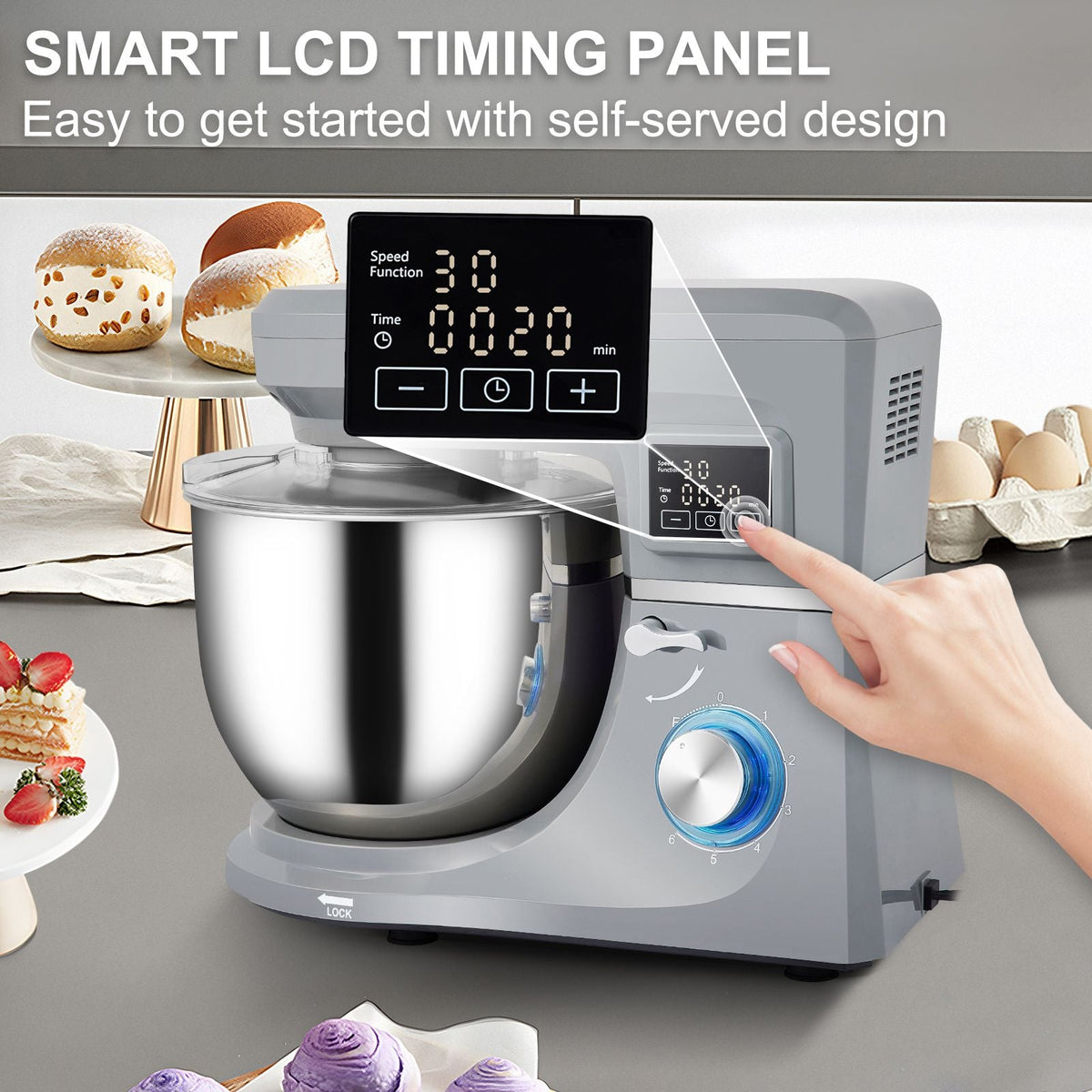 Stand Mixer, 660W Electric Dough Mixer with 6 Speeds LCD Screen Timing, Tilt-Head Food Mixer with 7.4 Qt Stainless Steel Bowl, Dough Hook, Flat Beater, Whisk, Scraper, Splash-Proof Cover - Gray