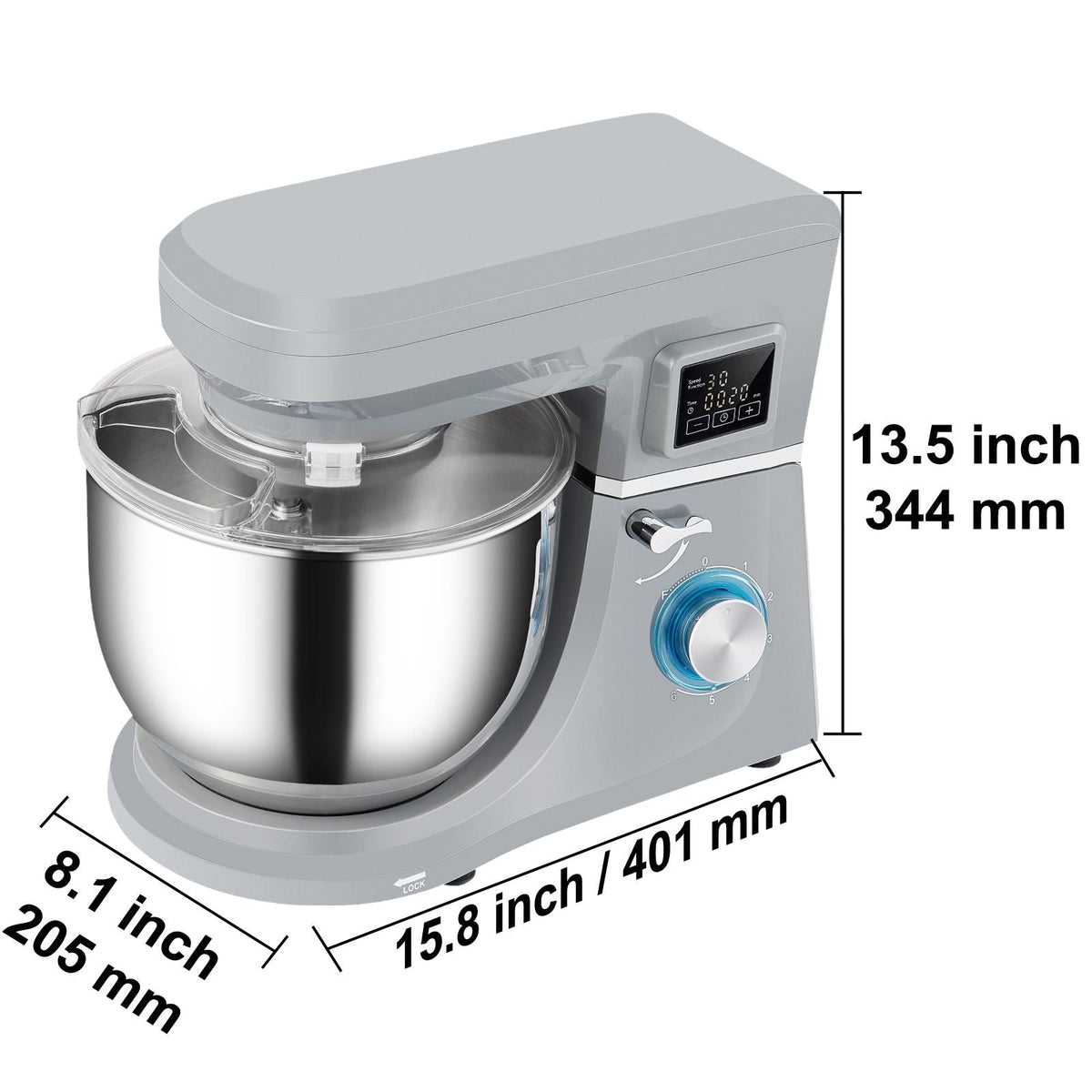 Stand Mixer, 660W Electric Dough Mixer with 6 Speeds LCD Screen Timing, Tilt-Head Food Mixer with 7.4 Qt Stainless Steel Bowl, Dough Hook, Flat Beater, Whisk, Scraper, Splash-Proof Cover - Gray