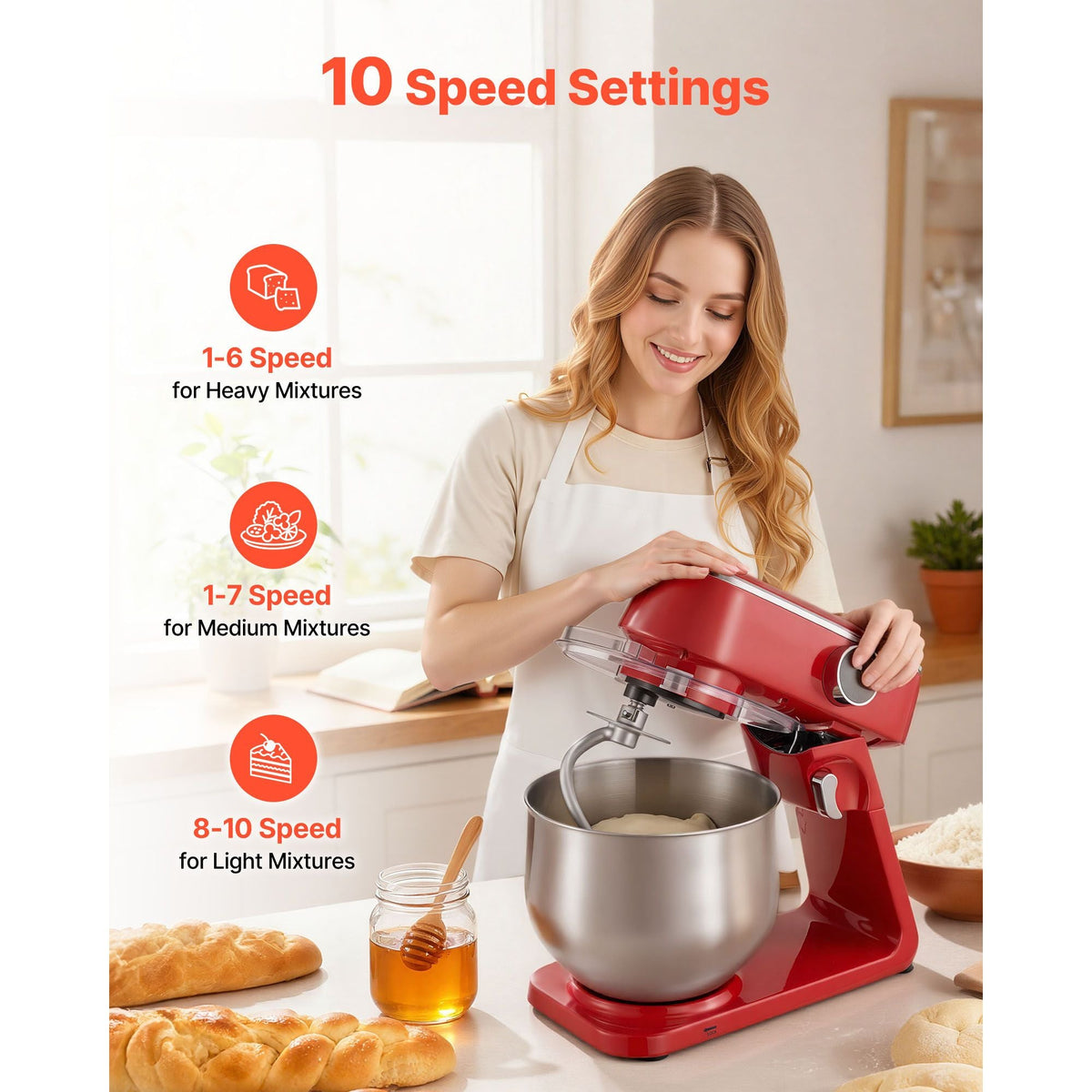Stand Mixer, 7.8 QT Electric Kitchen Mixer, 800W Dough-Mixer, 10 Speeds Tilt-head Food-Mixer with Stainless Steel Bowl, Dough Hook, Whisk, Beater, for Baking, Mixing, Whipping & Kneading, Red