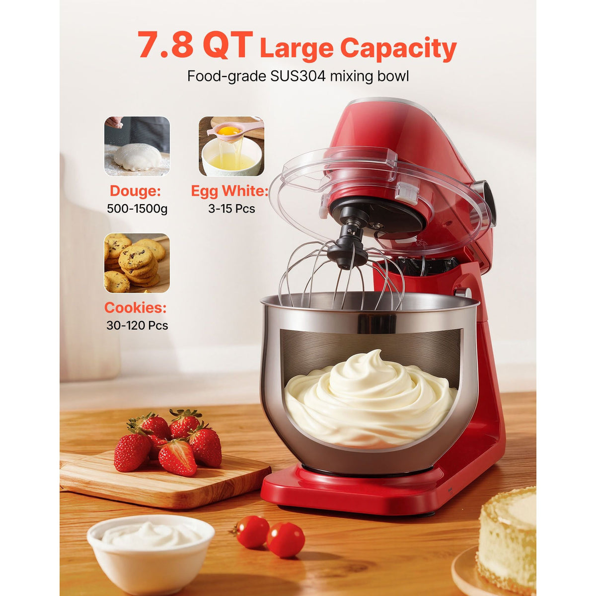 Stand Mixer, 7.8 QT Electric Kitchen Mixer, 800W Dough-Mixer, 10 Speeds Tilt-head Food-Mixer with Stainless Steel Bowl, Dough Hook, Whisk, Beater, for Baking, Mixing, Whipping & Kneading, Red