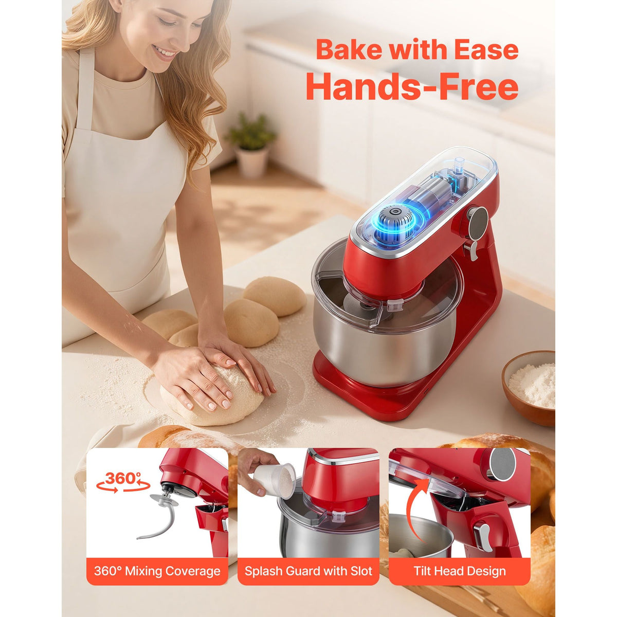 Stand Mixer, 7.8 QT Electric Kitchen Mixer, 800W Dough-Mixer, 10 Speeds Tilt-head Food-Mixer with Stainless Steel Bowl, Dough Hook, Whisk, Beater, for Baking, Mixing, Whipping & Kneading, Red