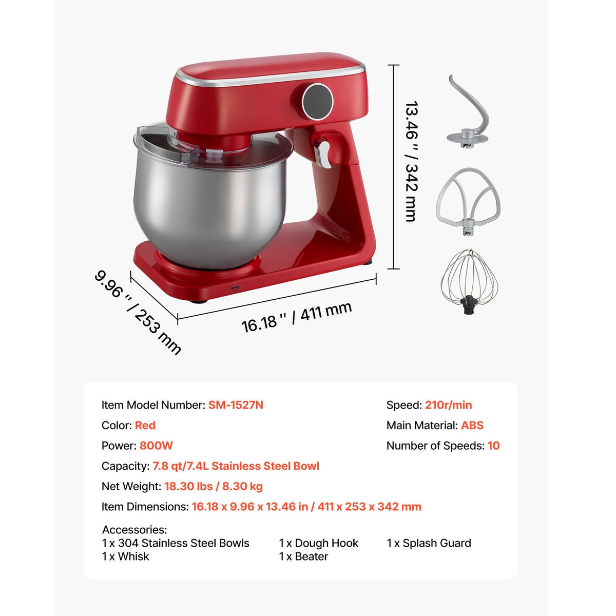 Stand Mixer, 7.8 QT Electric Kitchen Mixer, 800W Dough-Mixer, 10 Speeds Tilt-head Food-Mixer with Stainless Steel Bowl, Dough Hook, Whisk, Beater, for Baking, Mixing, Whipping & Kneading, Red