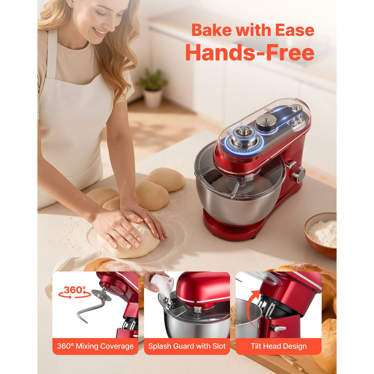 Stand Mixer, 8.2 QT Electric Kitchen Mixer, 660W Dough-Mixer, 6 + Pulse Speeds Tilt-head Food-Mixer with Stainless Steel Bowl, Dough Hook, Whisk, Beater, for Baking, Mixing, Whipping & Kneading