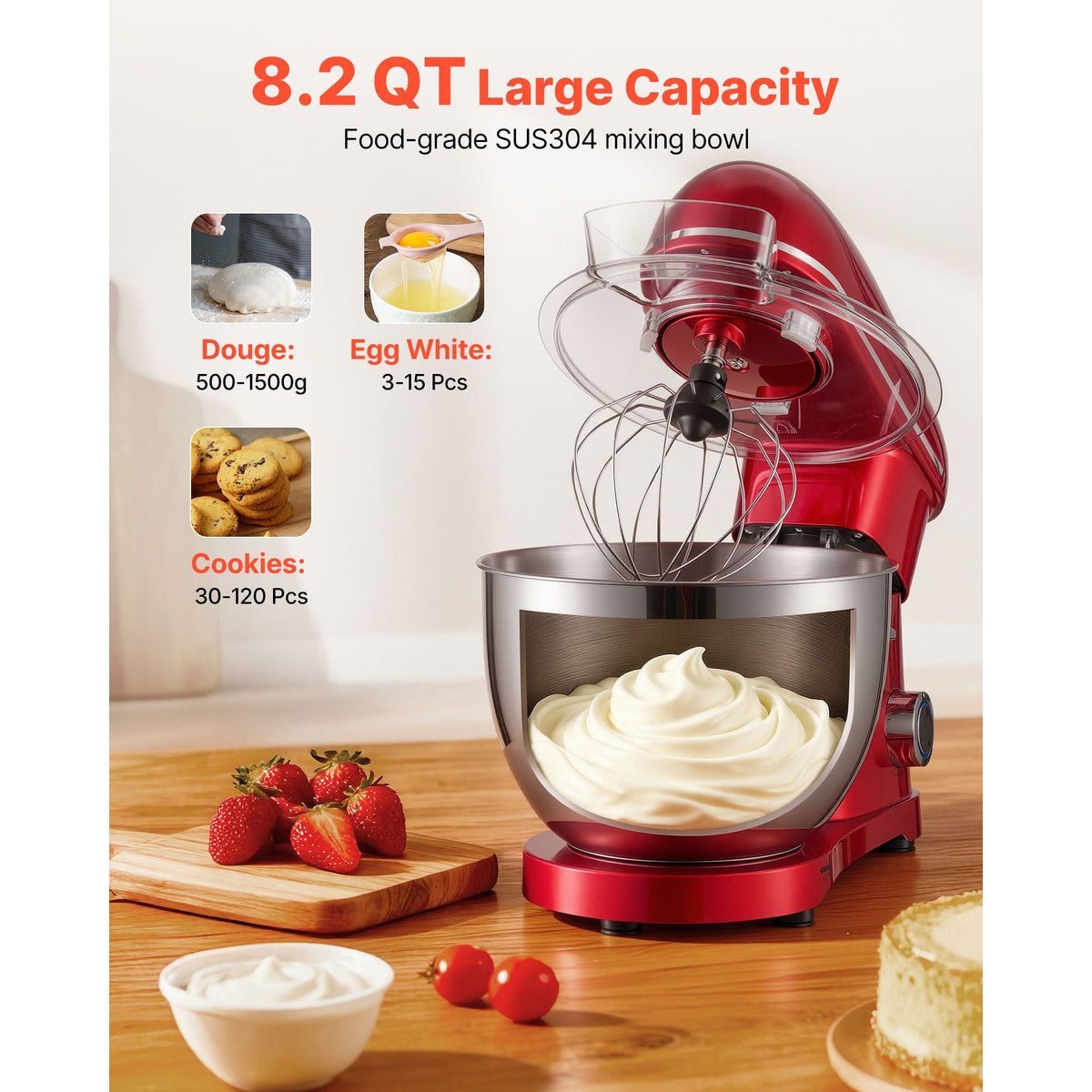 Stand Mixer, 8.2 QT Electric Kitchen Mixer, 660W Dough-Mixer, 6 + Pulse Speeds Tilt-head Food-Mixer with Stainless Steel Bowl, Dough Hook, Whisk, Beater, for Baking, Mixing, Whipping & Kneading