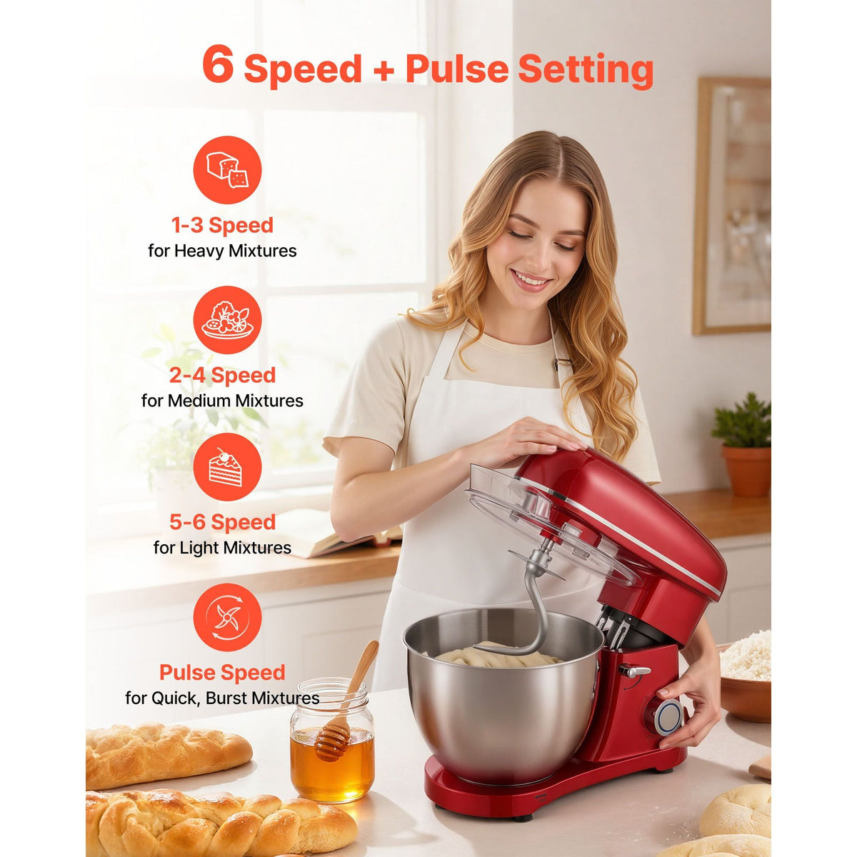 Stand Mixer, 8.2 QT Electric Kitchen Mixer, 660W Dough-Mixer, 6 + Pulse Speeds Tilt-head Food-Mixer with Stainless Steel Bowl, Dough Hook, Whisk, Beater, for Baking, Mixing, Whipping & Kneading
