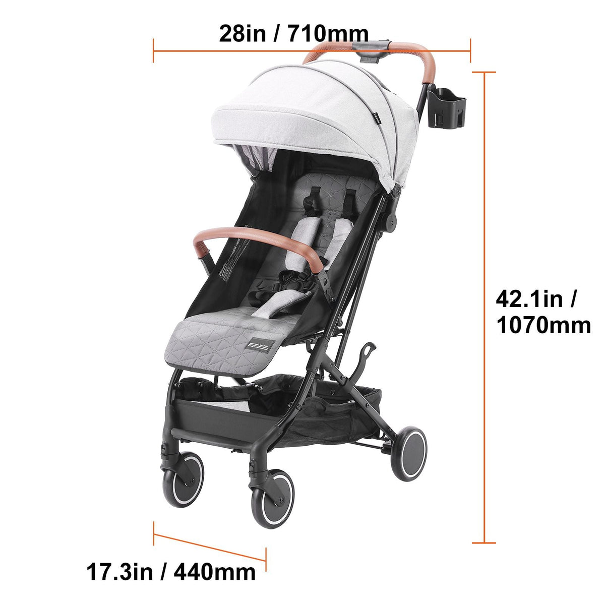 Standard Baby Infant Stroller, Toddler Stroller with 95°-150° Adjustable Backrest & & 0/90°Adjustable Footrest & One-click Folding, Newborn Stroller with Cup Holder and Carry Bag, Light Grey
