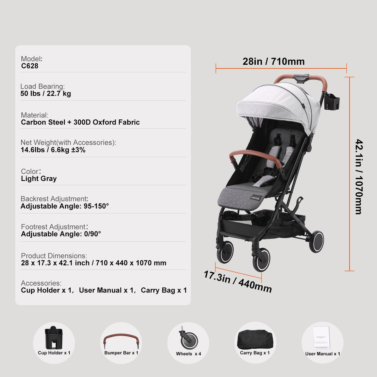 Standard Baby Infant Stroller, Toddler Stroller with 95°-150° Adjustable Backrest & & 0/90°Adjustable Footrest & One-click Folding, Newborn Stroller with Cup Holder and Carry Bag, Light Grey