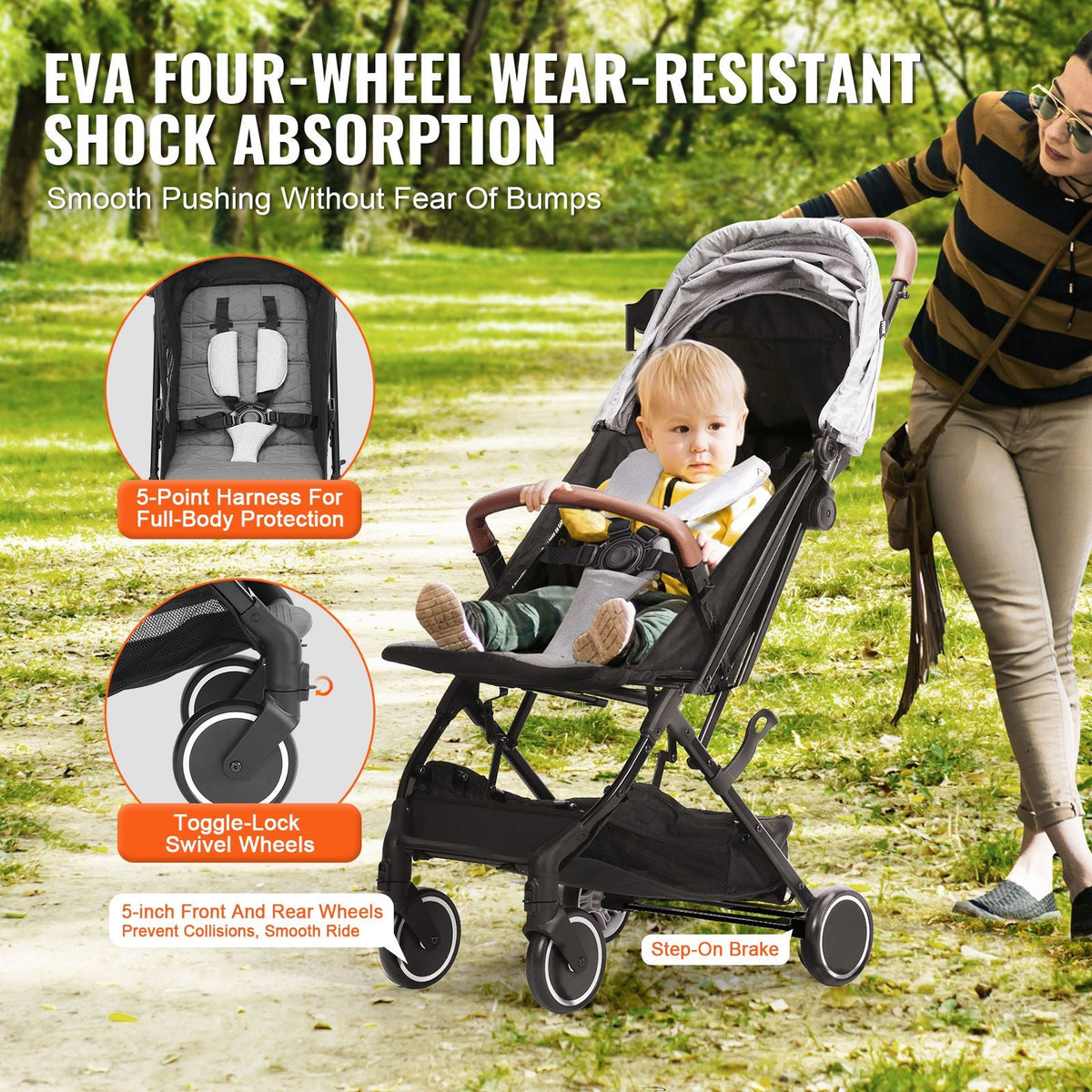 Standard Baby Infant Stroller, Toddler Stroller with 95°-150° Adjustable Backrest & & 0/90°Adjustable Footrest & One-click Folding, Newborn Stroller with Cup Holder and Carry Bag, Light Grey