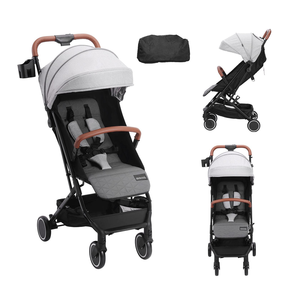 Standard Baby Infant Stroller, Toddler Stroller with 95°-150° Adjustable Backrest & & 0/90°Adjustable Footrest & One-click Folding, Newborn Stroller with Cup Holder and Carry Bag, Light Grey
