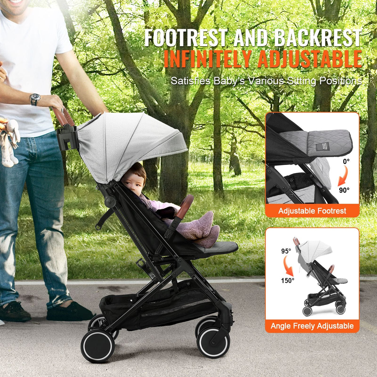 Standard Baby Infant Stroller, Toddler Stroller with 95°-150° Adjustable Backrest & & 0/90°Adjustable Footrest & One-click Folding, Newborn Stroller with Cup Holder and Carry Bag, Light Grey