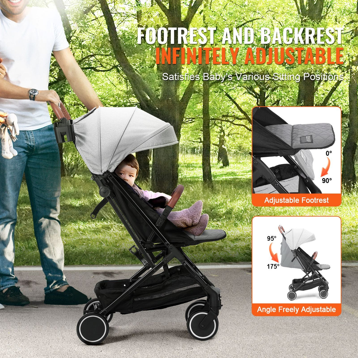 Standard Baby Stroller, Infant Toddler Stroller with Bassinet, 3rd-Gear Adjustable Backrest & Foldable & Reversible Seat, Carbon Steel Newborn Stroller with Leg Cover and Mesh Net, Black
