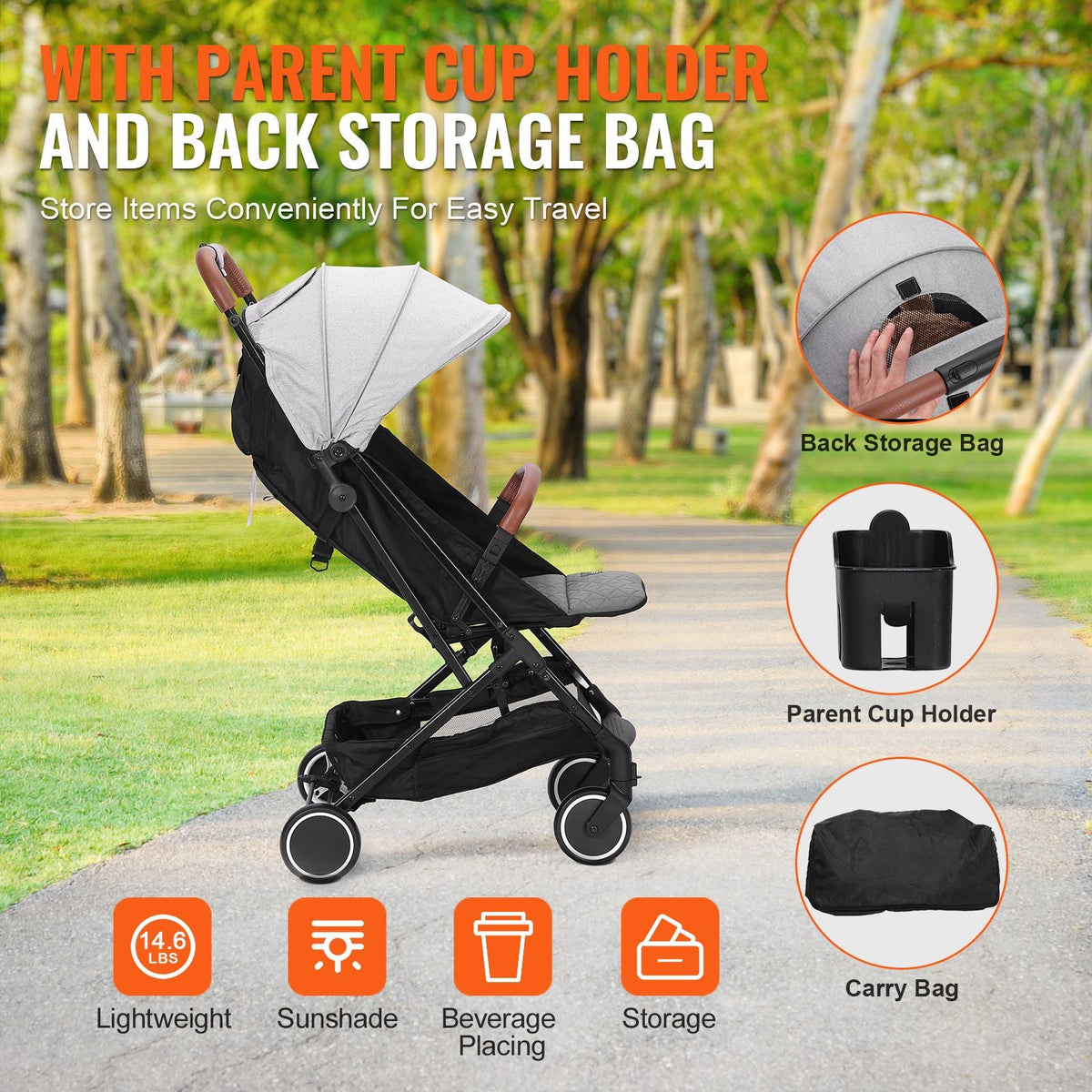 Standard Baby Stroller, Infant Toddler Stroller with Bassinet, 3rd-Gear Adjustable Backrest & Foldable & Reversible Seat, Carbon Steel Newborn Stroller with Leg Cover and Mesh Net, Black