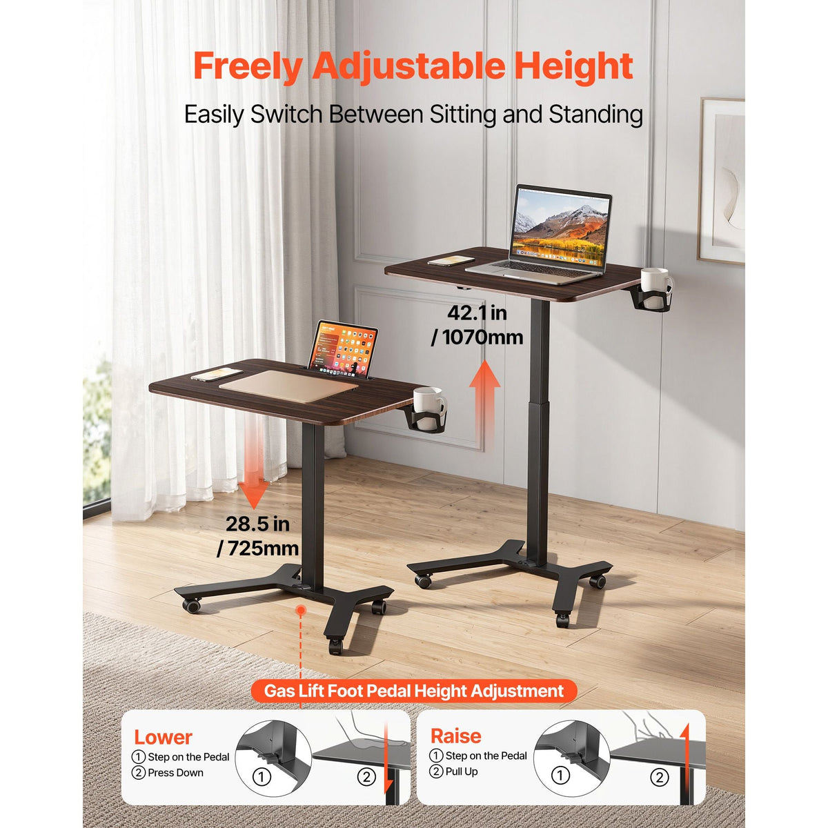Standing Desk, Adjustable Height Mobile Stand Up Desk w/ Casters, 28.2 x 20.5 in Small Computer Sit Stand Rolling Workstation w/ Hook, 33 lbs Capacity, Foot Pedal Pneumatic Lift for Home Office
