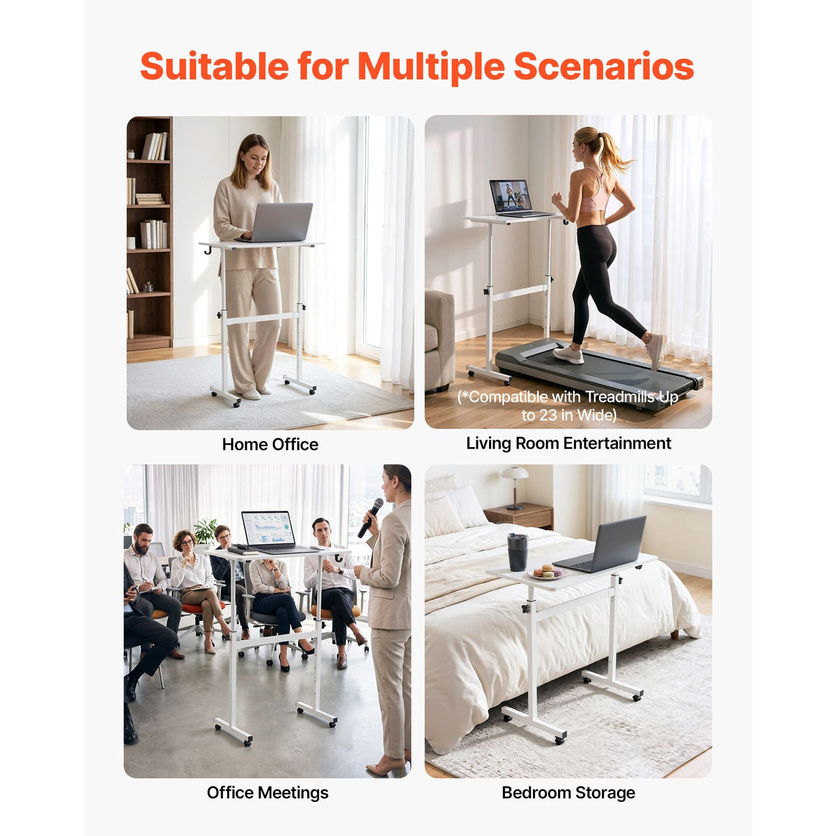 Standing Desk, Adjustable Height Mobile Stand Up Desk with Lockable Casters, 32 x 16 in Small Computer Sit Stand Rolling Workstation with Hook, 55.1 lbs Desktop Capacity, for Home Office, White