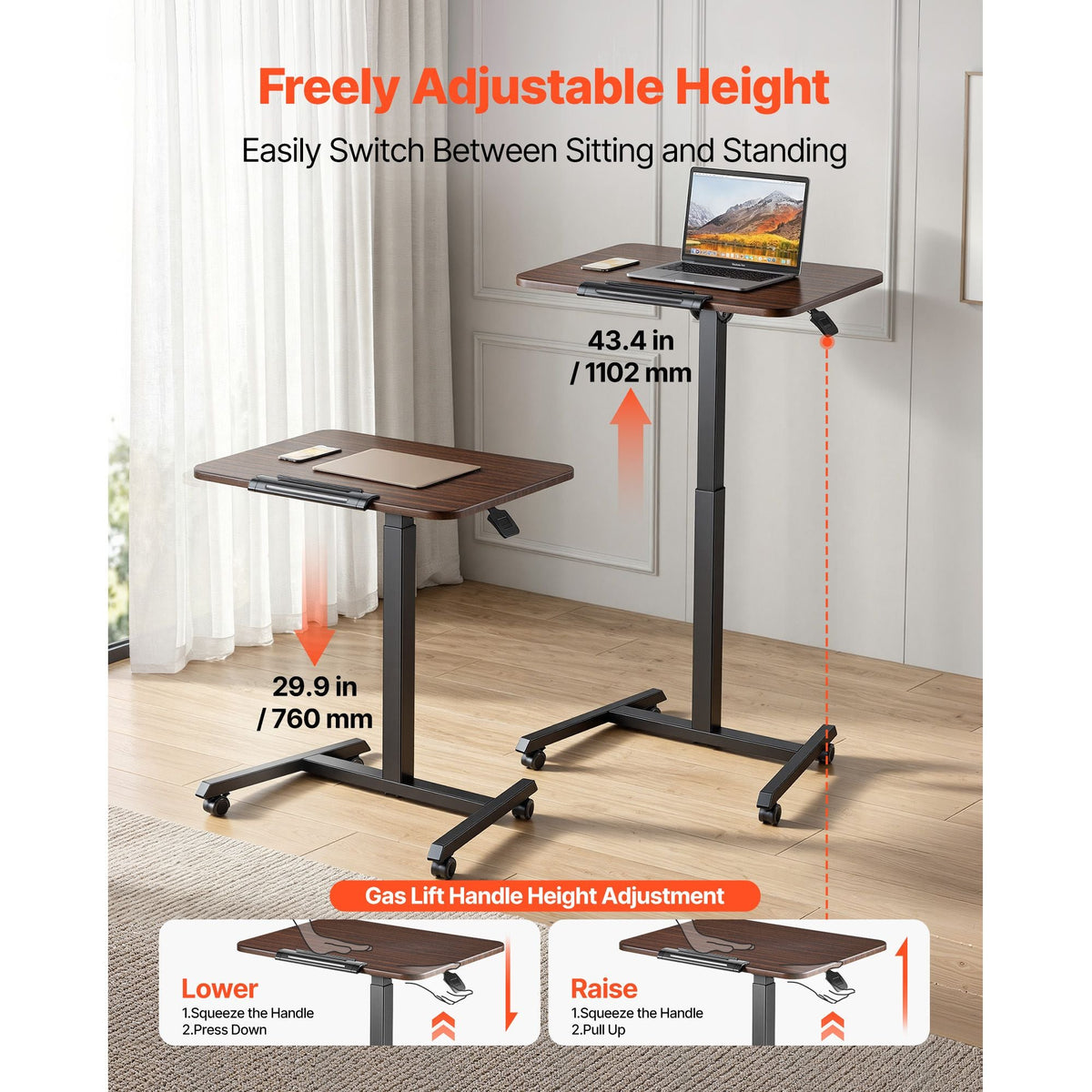 Standing Desk, Adjustable Height Mobile Stand Up Desk with Tilting Desktop, 25.6 x 19 in Small Computer Sit Stand Rolling Workstation with 4 Casters, 33 lbs Capacity, Ideal for Home Office